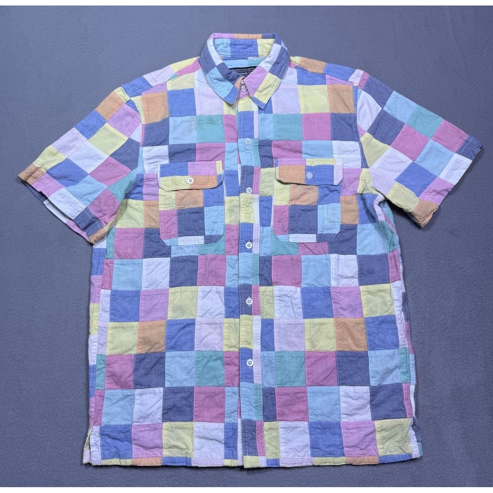 J Peterman Shirt Mens S Patchwork Quilt Plaid Boho Dadcore USA 2 Pocket